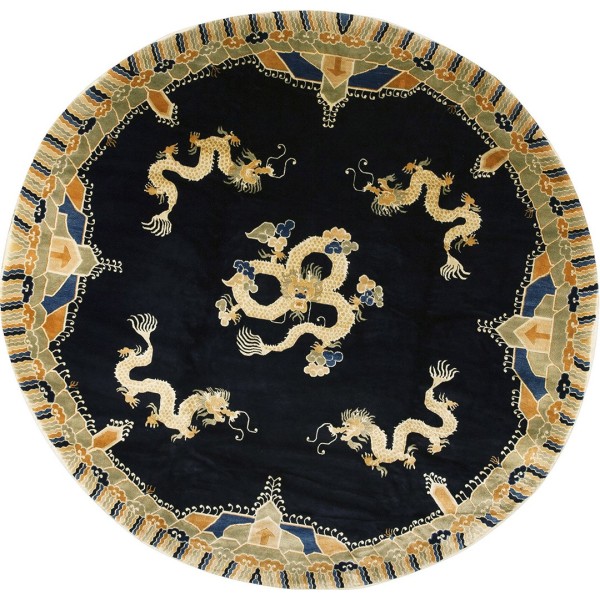 Vintage 1980s Round Chinese Peking Dragon Carpet 8' R 