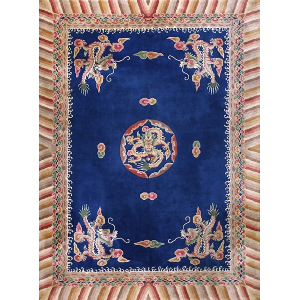 Vintage 1980s Chinese Art Deco Dragon Carpet