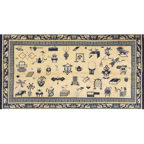 Mid 19th Century Chinese Ningxia Carpet with 100 Antiques Pattern