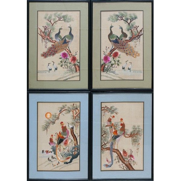 Early 20th Century Set of Silk Embroidery of Peacock & Phoenix
