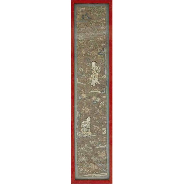 Late 19th Century Chinese Silk & Metallic Thread Scenic Embroidery